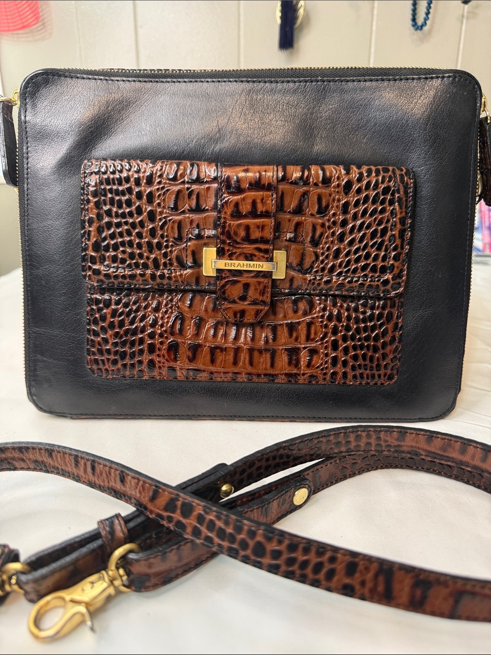 Brahmin Black & Brown Croc-Embossed Crossbody Tablet Bag - Picture 6 of 7